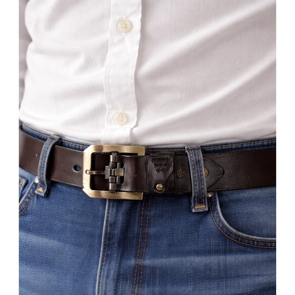 Bison Denim Mens Dark Brown 100% Leather‎ Belt Brass Roller Buckle Size 46 115cm